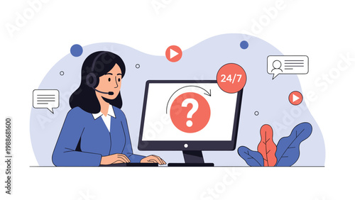 Professional female customer support agent working at a computer with a large question mark on the screen for help.