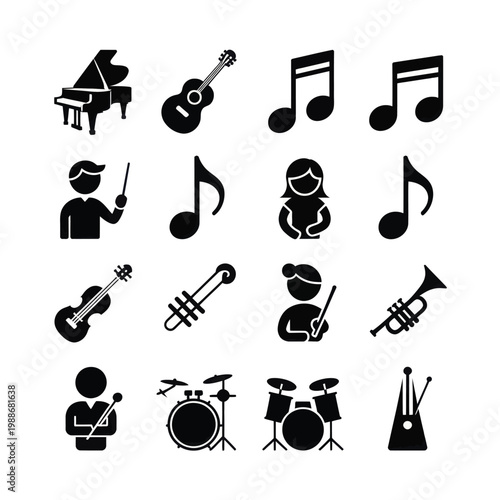 Set of 16 Black Music Instruments and Musician Icons Vector