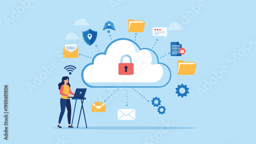 Woman working on laptop secure cloud storage system surrounded by data protection icons and network security symbols.
