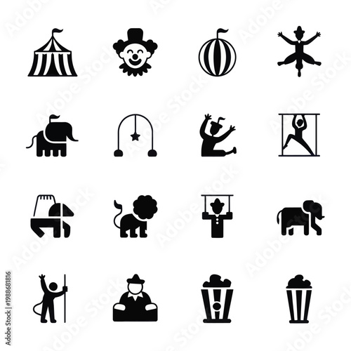 Set of 16 black glyph circus vector icons