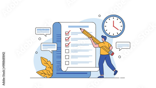 Productive man marking completed tasks on giant checklist with large pencil representing efficient time and project management.