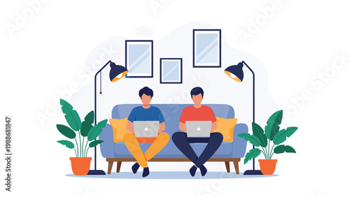 Two men working remotely on laptops while sitting comfortably on sofa in modern living room with plants and warm lighting.
