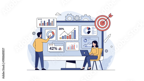 Business professional analyzing complex data on large monitor with colleague to achieve specific targets and company goals.