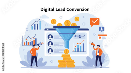 Digital marketing team managing lead conversion funnel process to generate revenue and business growth through advertising.