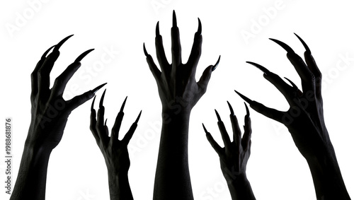 Vászonkép Multiple black demonic hands with sharp claws reaching out, isolated on transpar
