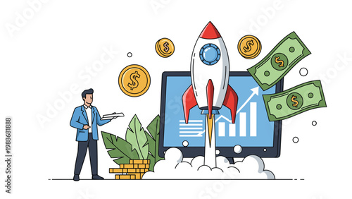 Ambitious entrepreneur launching startup business with rocket taking off from computer alongside financial charts and money.