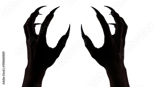 Konstfotografi Black demonic hands with sharp claws reaching out, isolated on transparent backg