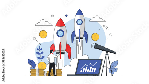 Successful business team launching dual rockets from laptop to represent rapid growth and future financial achievements.