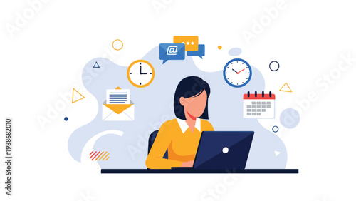 Productive woman managing her daily schedule and work tasks with various planning icons like calendar clock and messages.