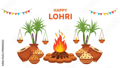 Happy lohri celebration greeting with traditional bonfire sugarcane and drums representing Punjabi winter harvest festival.