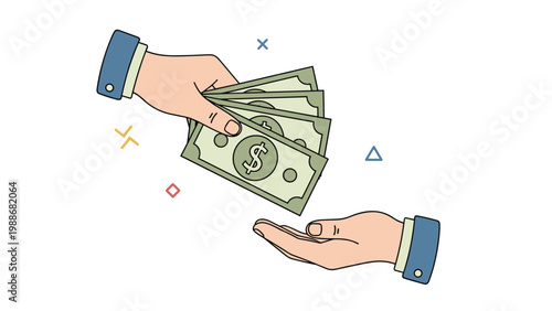 Hands exchanging cash for a business transaction or payment in a simple vector illustration.