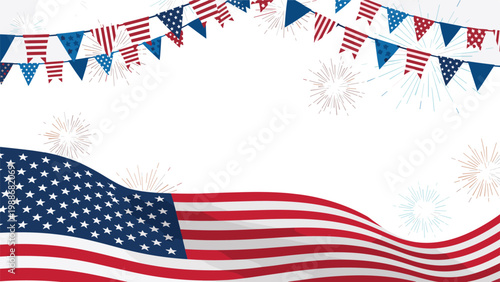 Fourth of july celebration background with waving american flag festive bunting banners and bright sparkling fireworks.