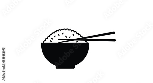 A simple black and white illustration depicting a bowl of rice with chopsticks high quality professional