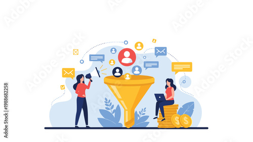 Sales marketing funnel and lead generation concept with team members managing customer acquisition.