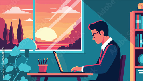 Productive professional working on a laptop at a desk during a beautiful sunset through a window.