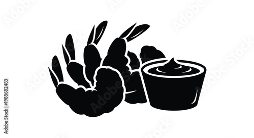 A black and white illustration depicts shrimp and a small dipping bowl with sauce high quality