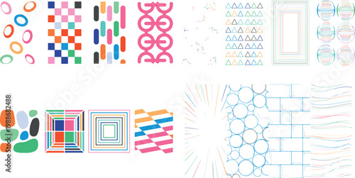 Collection of various colorful geometric shapes and patterns for design and decoration purposes in digital art