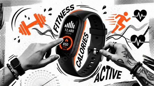 Contemporary Halftone Collage of a Modern Fitness Tracker Smartwatch for Health Monitoring. Dynamic Illustration showing Steps Calories and Heart Rate with Hands Active Sports Workout Habits