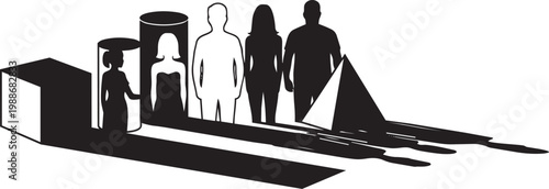 Dramatic silhouette of figures and objects casting long shadows in a minimalist scene