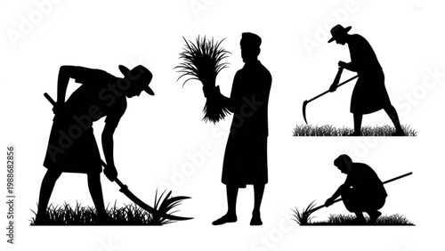 Indian Farmer Cutting Grass Silhouette Vector Set – Traditional Rural Harvest Work Collection