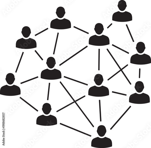 Network of silhouettes people connected by lines representing relationships and communication