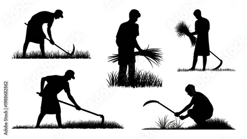 Indian Farmer Cutting Grass Silhouette Vector Set – Traditional Rural Harvest Work Collection