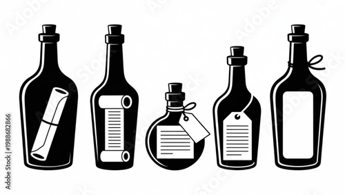 Message in Bottle Silhouette Vector Set – Classic Glass Bottle with Letter Icon Collection