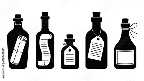 Message in Bottle Silhouette Vector Set – Classic Glass Bottle with Letter Icon Collection
