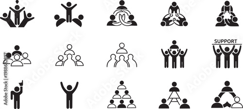 Black silhouette icons of people in various group poses and celebratory gestures