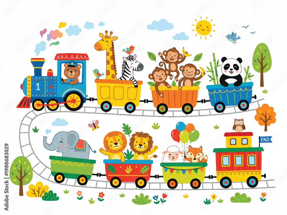 Naklejka premium Colorful cartoon train with various animals on a track surrounded by trees flowers and clouds fun illustration for kids