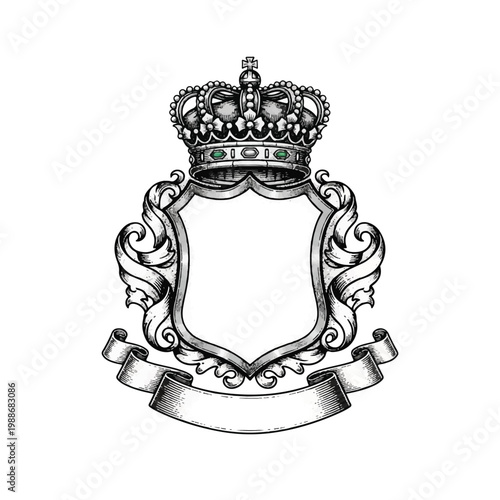 Ornate Royal Crown and Heraldic Shield Emblem with Banner.