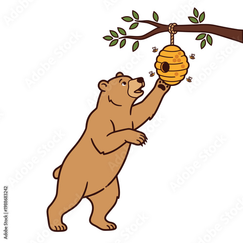 Bear Reaches Honeycomb on Tree Branch in Jungle Scene