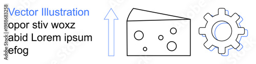 Innovation, progress, mechanics, manufacturing, food industry, growth concepts. Abstract design with a gear, cheese block and arrow. Innovation and progress with industrial and food elements