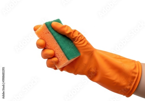 A hand wearing an orange rubber glove holding a green and orange sponge isolated on white background
