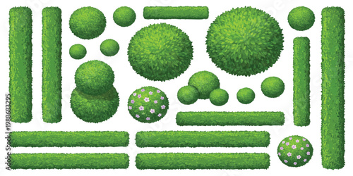 Top view garden landscape design elements with green bushes and hedges