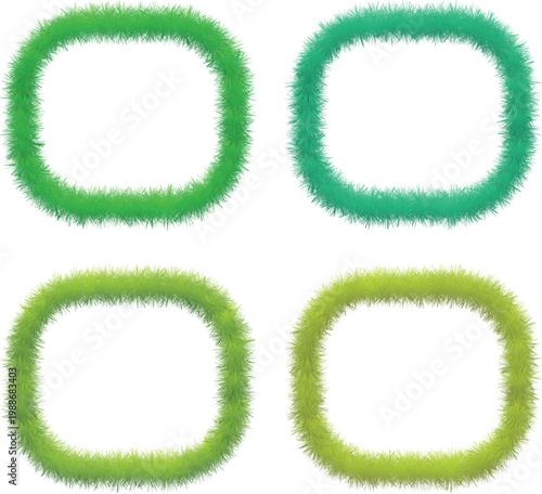 Green fuzzy rounded square frames set. Soft grass texture borders for labels and UI elements. Minimal organic shape boxes isolated on white background.