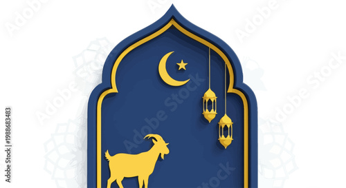 Golden Goat Silhouette Under Crescent Moon and Lanterns in Islamic Archway - Eid al-Adha Celebration Illustration