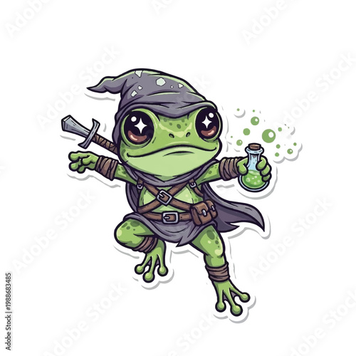 Cute cartoon frog wizard holding potion and sword.