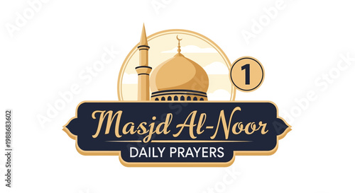 Elegant golden mosque emblem for daily Islamic prayers, featuring a classic minaret and dome design. A spiritual graphic symbol for worship