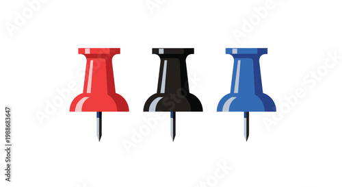 Three colorful push pins displayed in a row on a white background