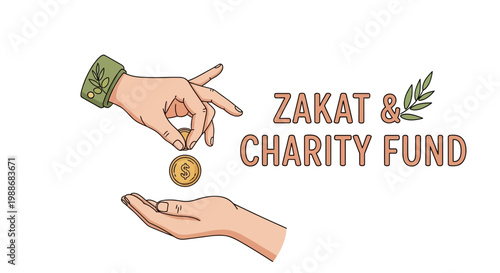 Illustrative concept of financial contribution and benevolent giving, showing hands exchanging coins to represent charity, support, and community welfare funds