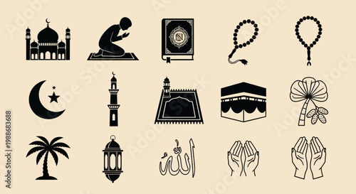 A comprehensive set of traditional Islamic religious symbols and cultural icons, including mosques, prayer items, and calligraphy, representing faith and worship for diverse design applications