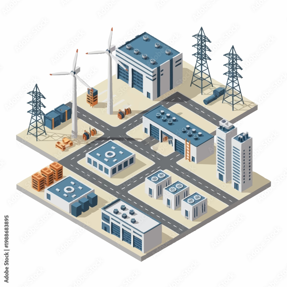 Fototapeta premium Industrial complex with wind turbines and power lines.