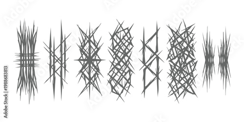 Set of abstract grunge scribble elements with sharp chaotic lines vector illustration