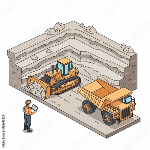 Construction worker supervises heavy machinery in open pit mine illustration.
