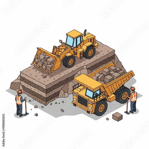 Construction vehicles and workers at a mine site.