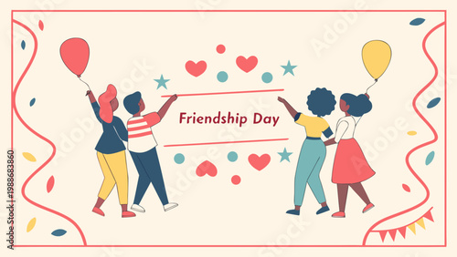 Diverse group of children celebrating friendship with balloons and hearts