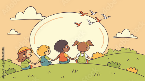 Children enjoying a sunny day together in a colorful outdoor setting with animals.