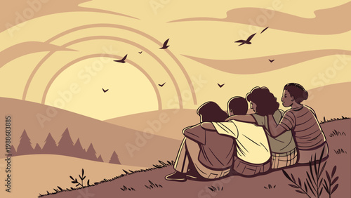 Group of people sitting together watching a sunset over a landscape