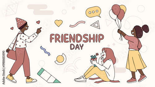 Children celebrating friendship with colorful balloons and gifts on friendship day